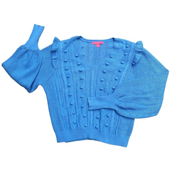 Lilly Pulitzer Greta Size L V-Neck Cable Knit Sweater Blue Boho Feminine Ruffle - Picture 9 of 16